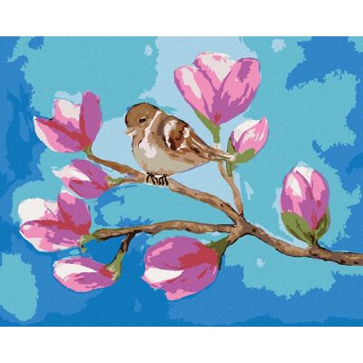 zuty Sediaci vrabec na vetve s kvetmi magnólie, 40×50 cm, bez rámu a bez vypnutia plátna zuty Sediaci vrabec na vetve s kvetmi magnólie, 40×50 cm, bez rámu a bez vypnutia plátna