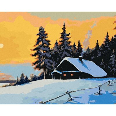 zuty Zrub v zimnom lese a západ slnka, 40 × 50 cm, plátno napnuté na rám zuty Zrub v zimnom lese a západ slnka, 40 × 50 cm, plátno napnuté na rám