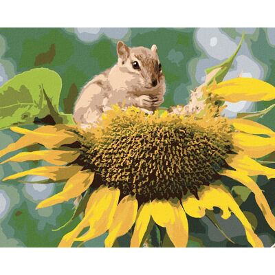 zuty Veverička pri slnečnici, 40×50 cm, vypnuté plátno na rám zuty Veverička pri slnečnici, 40×50 cm, vypnuté plátno na rám