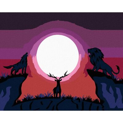 zuty Vlk s levom pozerajúci sa na jeleňa, 40 × 50 cm, bez rámu a bez napnutia plátna zuty Vlk s levom pozerajúci sa na jeleňa, 40 × 50 cm, bez rámu a bez napnutia plátna