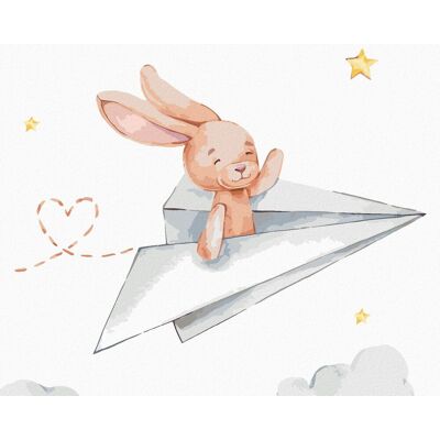 zuty Zajac v papierovom lietadle, 40×50 cm, vypnuté plátno na rám zuty Zajac v papierovom lietadle, 40×50 cm, vypnuté plátno na rám