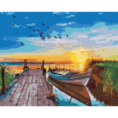 zuty Západ slnka nad jazerom s loďkou, 40×50 cm, bez rámu a bez vypnutia plátna zuty Západ slnka nad jazerom s loďkou, 40×50 cm, bez rámu a bez vypnutia plátna