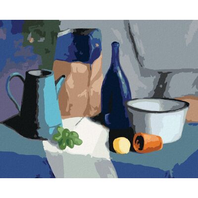 zuty Zátišie hrozna, fľaše, misky a mandarínky, 40×50 cm, vypnuté plátno na rám zuty Zátišie hrozna, fľaše, misky a mandarínky, 40×50 cm, vypnuté plátno na rám