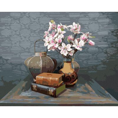 zuty Zátišie magnólií a starých kníh na stole, 40×50 cm, vypnuté plátno na rám zuty Zátišie magnólií a starých kníh na stole, 40×50 cm, vypnuté plátno na rám