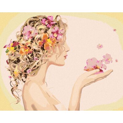 zuty Žena a jej účes s kvetinami, 40×50 cm, vypnuté plátno na rám zuty Žena a jej účes s kvetinami, 40×50 cm, vypnuté plátno na rám