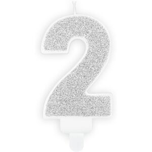 PARTYDECO Sviečka narodeninová, 7 cm, číslica „2“, strieborná PARTYDECO Sviečka narodeninová, 7 cm, číslica „2“, strieborná