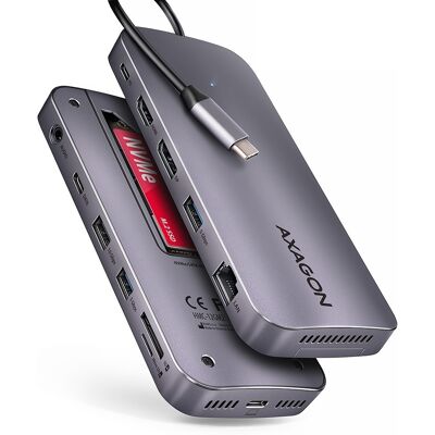 AXAGON HMC-12GM2 Combo Hub, USB-C 10 Gps, 3× USB-C, HDMI, DP, RJ-45, SD/mSD, M.2 slot, audio AXAGON HMC-12GM2 Combo Hub, USB-C 10 Gps, 3× USB-C, HDMI, DP, RJ-45, SD/mSD, M.2 slot, audio