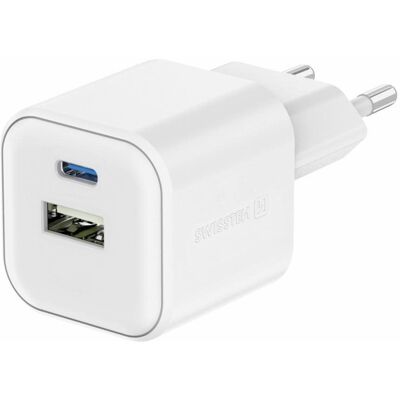 Swissten sieťový adaptér GaN 1× USB-C 20 W PD + 1× USB-A 18 W QC biely Swissten sieťový adaptér GaN 1× USB-C 20 W PD + 1× USB-A 18 W QC biely