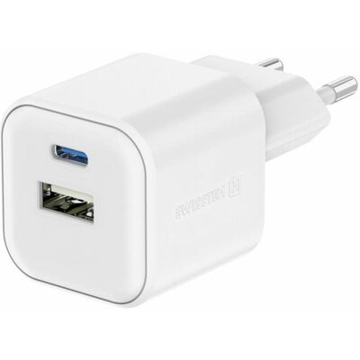 Swissten sieťový adaptér GaN 1× USB-C 35 W PD + 1× USB-A 27 W QC biely Swissten sieťový adaptér GaN 1× USB-C 35 W PD + 1× USB-A 27 W QC biely