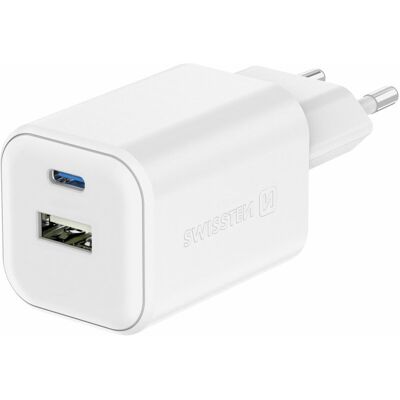 Swissten sieťový adaptér GaN 1× USB-C 45 W PD + 1× USB-A 18 W QC biely Swissten sieťový adaptér GaN 1× USB-C 45 W PD + 1× USB-A 18 W QC biely