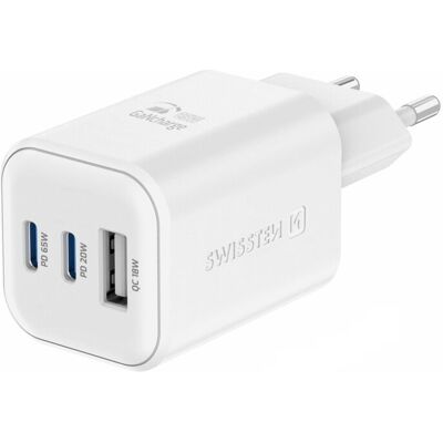 Swissten sieťový adaptér GaN 2× USB-C 65 W PD + 1× USB-A 18 W QC biely Swissten sieťový adaptér GaN 2× USB-C 65 W PD + 1× USB-A 18 W QC biely