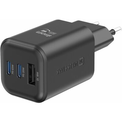 Swissten sieťový adaptér GaN 2× USB-C 65 W PD + 1× USB-A 18 W QC čierny Swissten sieťový adaptér GaN 2× USB-C 65 W PD + 1× USB-A 18 W QC čierny