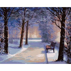 zuty Lavička v zasneženom parku, 40 × 50 cm, plátno napnuté na rám zuty Lavička v zasneženom parku, 40 × 50 cm, plátno napnuté na rám