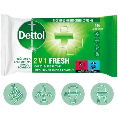 DETTOL Dezinfekčné obrúsky 2 v 1 na ruky a povrchy 15 ks DETTOL Dezinfekčné obrúsky 2 v 1 na ruky a povrchy 15 ks