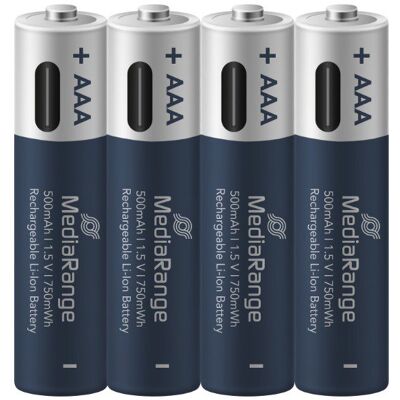 MediaRange USB-C Li-Ion Micro AAA, 1,5 V, 500 mAh, 4 ks MediaRange USB-C Li-Ion Micro AAA, 1,5 V, 500 mAh, 4 ks