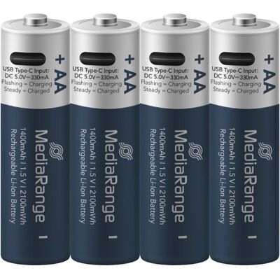 MediaRange USB-C Li-Ion Mignon AA, 1,5 V, 1400 mAh, 4 ks MediaRange USB-C Li-Ion Mignon AA, 1,5 V, 1400 mAh, 4 ks
