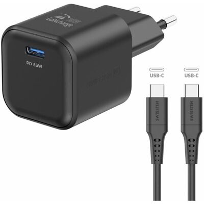 Swissten sieťový adaptér GaN 1× USB-C 35 W Power Delivery + dátový kábel USB-C/USB-C 1,2 m čierny Swissten sieťový adaptér GaN 1× USB-C 35 W Power Delivery + dátový kábel USB-C/USB-C 1,2 m čierny