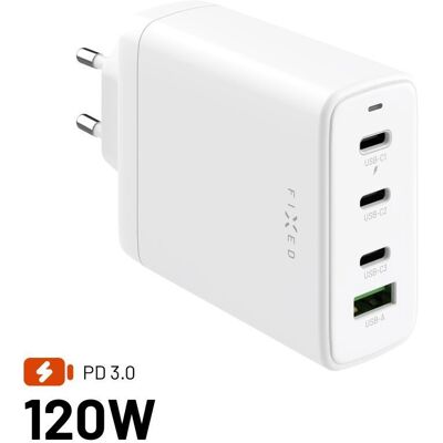 FIXED GaN s 3× USB-C a USB výstupom podpora PD 3.0 120 W biela FIXED GaN s 3× USB-C a USB výstupom podpora PD 3.0 120 W biela