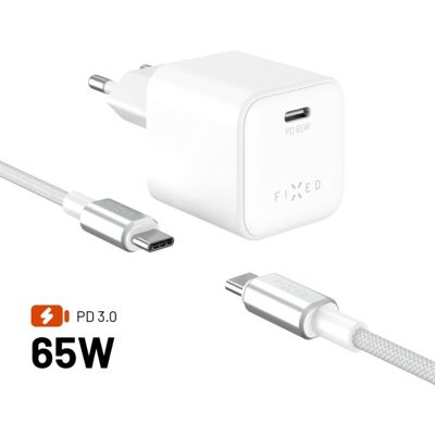 FIXED Mini GaN s USB-C výstupom a USB-C/USB-C káblom 2 m podpora PD 65W biela FIXED Mini GaN s USB-C výstupom a USB-C/USB-C káblom 2 m podpora PD 65W biela