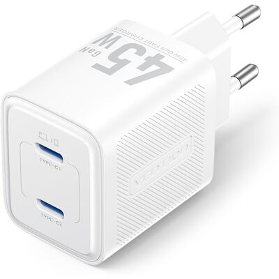 Vention 2-Port USB (C + C) GaN Charger (45 W/45 W) EU-Plug White Vention 2-Port USB (C + C) GaN Charger (45 W/45 W) EU-Plug White