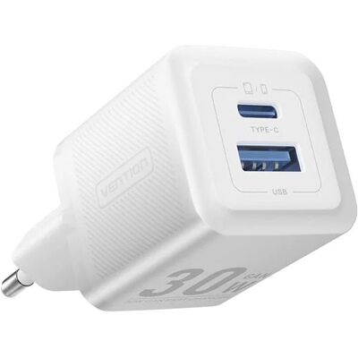 Vention 2-Port USB (C + A) GaN Charger (30 W/30 W) EU-Plug White Vention 2-Port USB (C + A) GaN Charger (30 W/30 W) EU-Plug White