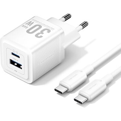 Vention 2-Port USB (C + A) GaN Charger (30 W/30 W) with USB-C to USB-C Cable (1M) EU-Plug White Vention 2-Port USB (C + A) GaN Charger (30 W/30 W) with USB-C to USB-C Cable (1M) EU-Plug White