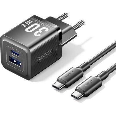 Vention 2-Port USB (C + A) GaN Charger (30 W/30 W) with USB-C to USB-C Cable (1M) EU-Plug Black Vention 2-Port USB (C + A) GaN Charger (30 W/30 W) with USB-C to USB-C Cable (1M) EU-Plug Black