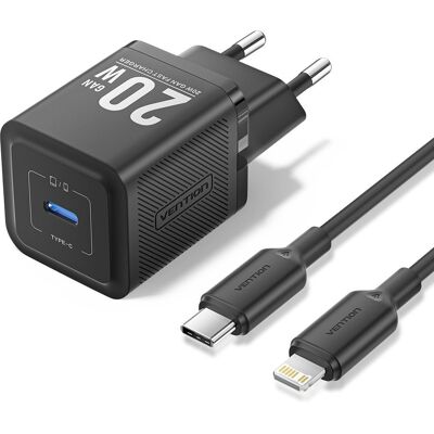 Vention 1-Port USB-C GaN Charger (20 W) with USB-C to Lightning Cable (1M) EU-Plug Black Vention 1-Port USB-C GaN Charger (20 W) with USB-C to Lightning Cable (1M) EU-Plug Black