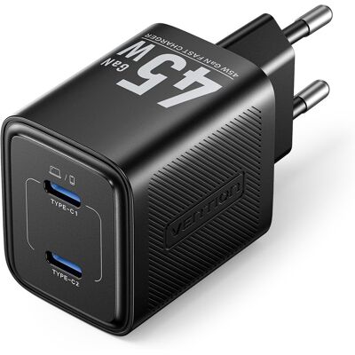 Vention 2-Port USB (C + C) GaN Charger (45 W/45 W) EU-Plug Black Vention 2-Port USB (C + C) GaN Charger (45 W/45 W) EU-Plug Black
