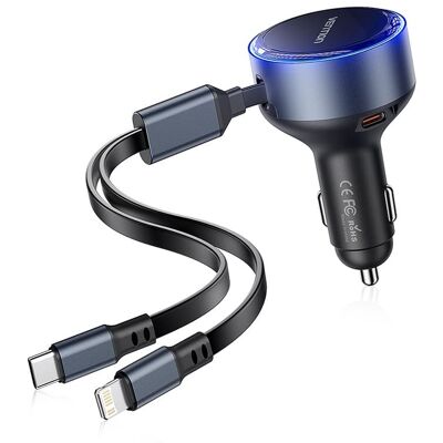 Vention Three-Port USB-C + USB-C/Lightning (30 W + 30 W/27 W) Car Charger with Built-In Cable Black Vention Three-Port USB-C + USB-C/Lightning (30 W + 30 W/27 W) Car Charger with Built-In Cable Black