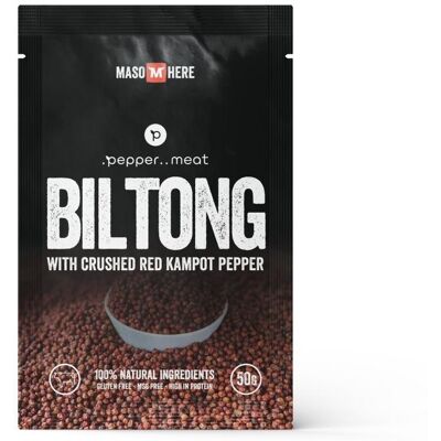 Maso Here, hovädzí biltong s kampotským čiernym korením 50 g Maso Here, hovädzí biltong s kampotským čiernym korením 50 g