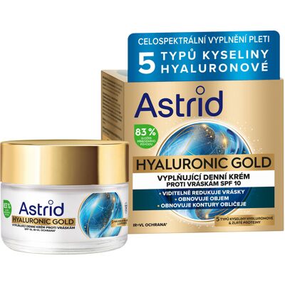 ASTRID Hyaluronic Gold Vyplňujúci denný krém proti vráskam so zlatými proteínmi SPF10 50 ml ASTRID Hyaluronic Gold Vyplňujúci denný krém proti vráskam so zlatými proteínmi SPF10 50 ml