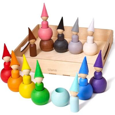 Ulanik Montessori drevená hračka „Small Peg Dolls with Hats and Balls?“ Ulanik Montessori drevená hračka „Small Peg Dolls with Hats and Balls?“