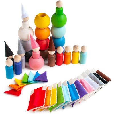 Ulanik Montessori drevená hračka „Small Peg Dolls with Hats, Beds and Balls“ Ulanik Montessori drevená hračka „Small Peg Dolls with Hats, Beds and Balls“