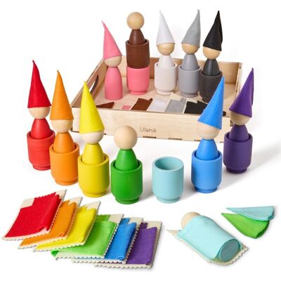 Ulanik Montessori drevená hračka „Peg Dolls with Hats, Beds and Cups“ Ulanik Montessori drevená hračka „Peg Dolls with Hats, Beds and Cups“