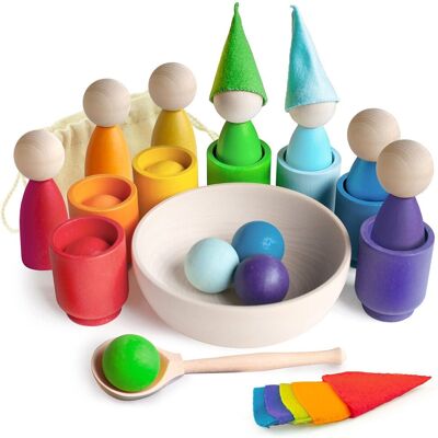 Ulanik Montessori drevená hračka „Rainbow: Peg Dolls in Cups with Hats and Balls?“ Ulanik Montessori drevená hračka „Rainbow: Peg Dolls in Cups with Hats and Balls?“