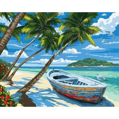 Norimpex Pláž s palmami a loďou 30 × 40 cm Norimpex Pláž s palmami a loďou 30 × 40 cm