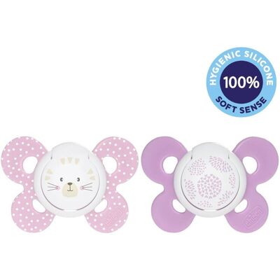 CHICCO Cumlík Physio Comfort silikónový 6-16m dievča - mačka/bodky 2 ks CHICCO Cumlík Physio Comfort silikónový 6-16m dievča - mačka/bodky 2 ks