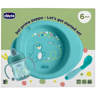 CHICCO Štartovný set - tanier, fľaša a lyžička blue 6m+ CHICCO Štartovný set - tanier, fľaša a lyžička blue 6m+