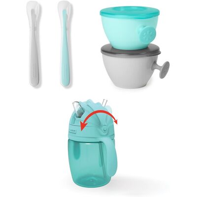 SKIP HOP Set jedálenský s hrnčekom 5 ks Easy-Feed Mealtime Set Teal/Grey 6m+ SKIP HOP Set jedálenský s hrnčekom 5 ks Easy-Feed Mealtime Set Teal/Grey 6m+