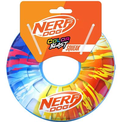 NERF DOG Hračka pre psov pískací kruh s farebným úchopom 15 cm NERF DOG Hračka pre psov pískací kruh s farebným úchopom 15 cm