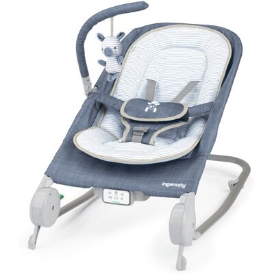 INGENUITY Lehátko masážne vibrujúce s melódiou Happy Belly™ Rock-to-Bounce – Chambray 0m+ do 9kg INGENUITY Lehátko masážne vibrujúce s melódiou Happy Belly™ Rock-to-Bounce – Chambray 0m+ do 9kg
