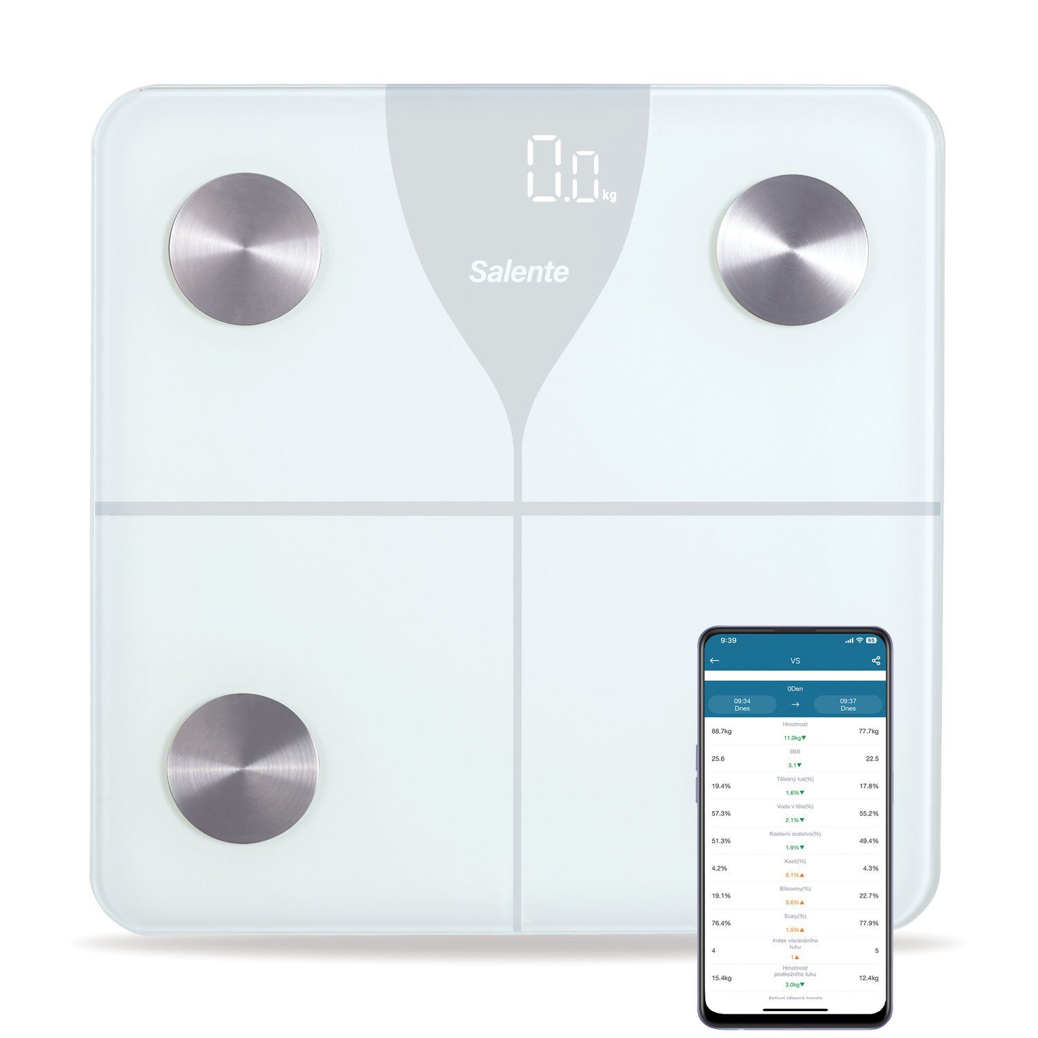 Salente SlimFit, osobná diagnostická fitnes váha, Bluetooth, biela