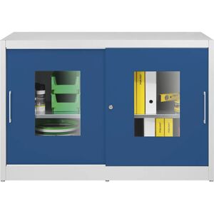 mauser Skriňa s posuvnými dverami s priehľadným okienkom, s 2 x 2 policami, v x š 1000 x 1500 mm, hĺbka 600 mm, farba dverí enciánová modrá
