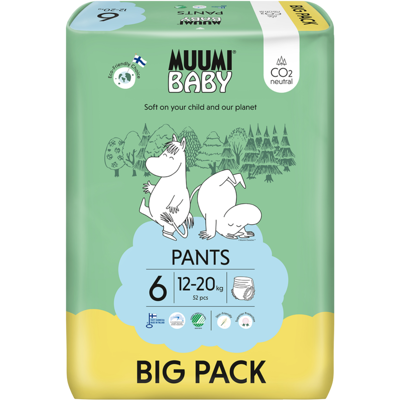 MUUMI BABY Nohavičky plienkové jednorázové 6 Junior 12-20kg, Big Pack 52 ks MUUMI BABY Nohavičky plienkové jednorázové 6 Junior 12-20kg, Big Pack 52 ks