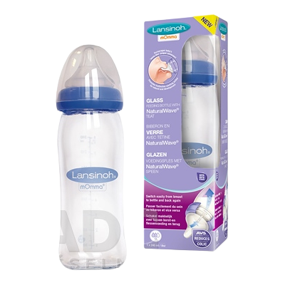 LANSINOH Sklenená dojčenská fľaša s NaturalWave cumľom (stredný prietok MF) 240 ml LANSINOH Sklenená dojčenská fľaša s NaturalWave cumľom (stredný prietok MF) 240 ml