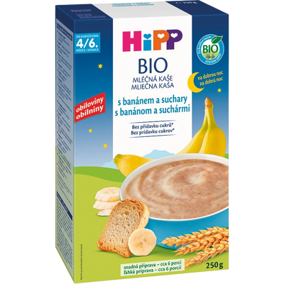 HIPP BIO Kaša mliečna na dobrú noc s banánom a suchármi od uk. 4.-6. mesiaca 250 g HIPP BIO Kaša mliečna na dobrú noc s banánom a suchármi od uk. 4.-6. mesiaca 250 g