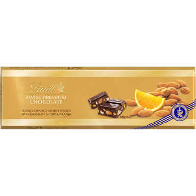 LINDT Gold Tablet Švajčiarska horká čokoláda s pomarančom a mandľami 300 g LINDT Gold Tablet Švajčiarska horká čokoláda s pomarančom a mandľami 300 g