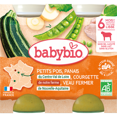 BABYBIO hrášok, paštrnák, cuketa s teľacím mäsom 2 x 200 g BABYBIO hrášok, paštrnák, cuketa s teľacím mäsom 2 x 200 g
