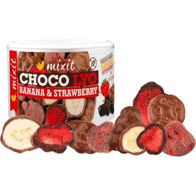 MIXIT Chrumkavé banániky a jahody v čokoláde, 150 g MIXIT Chrumkavé banániky a jahody v čokoláde, 150 g